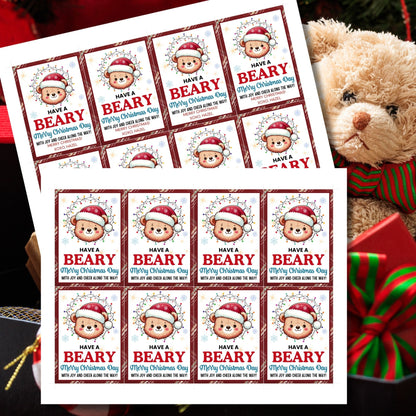 Cute bear-themed holiday gift tags featuring an adorable bear wearing a Santa hat and wrapped in Christmas lights, with the message 'Have a Beary Merry Christmas Day with joy and cheer along the way!' Perfect for personalized holiday gifts.