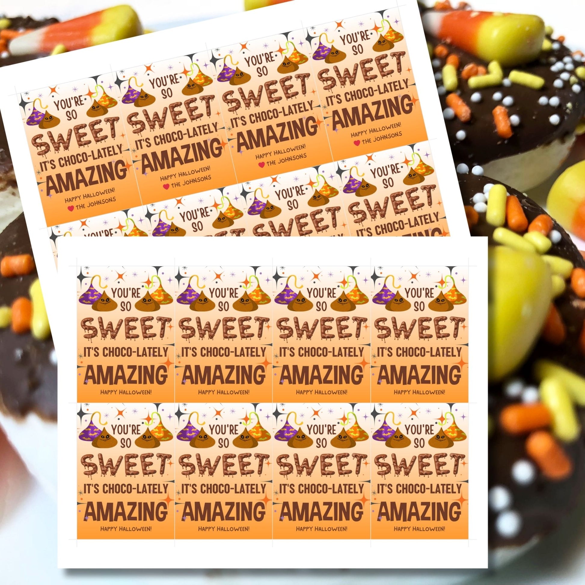 Halloween-themed printable gift tags with the message "You're So Sweet It's Choco-lately Amazing" featuring playful chocolate designs. Tags are 2.5 x 3.5 inches, laid out 8 per sheet on a standard 8.5 x 11-inch page. Includes a printable PDF and a PDF with a link to an editable Canva template.