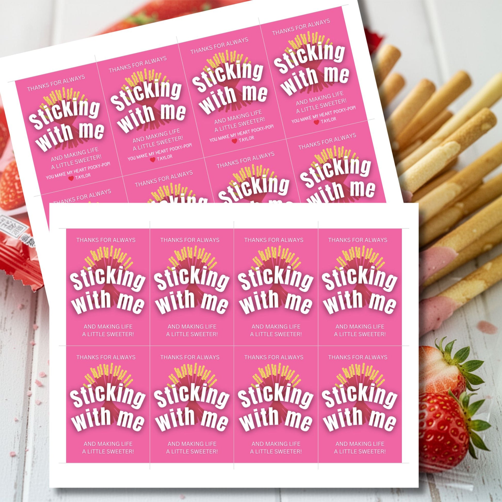 Strawberry Pocky thank you printable gift tags in pink reading “Thanks for Always Sticking With Me and Making Life a Little Sweeter,” 2.5x3.5 inches, 8 per 8.5x11 sheet, editable Canva template included.