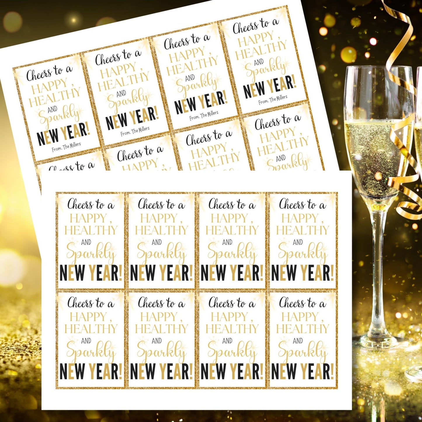 Gold and glittery editable printable New Year gift tags reading “Cheers to a Happy, Healthy, and Sparkly New Year!” laid out on an 8.5 x 11 sheet with 8 tags.