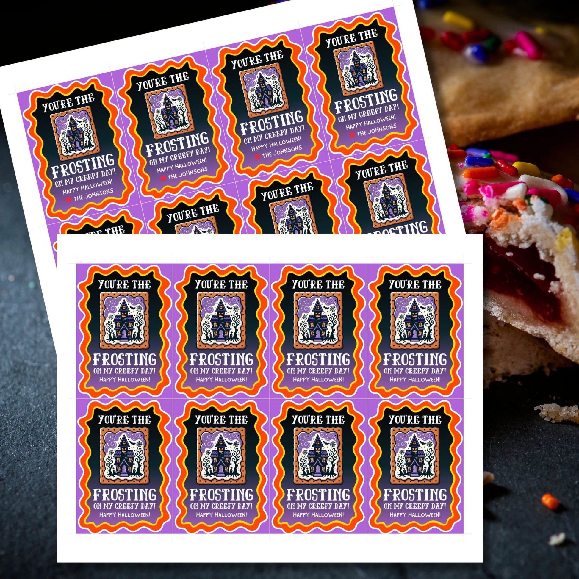 Colorful Halloween Pop-Tart-themed gift tag with a haunted house design and the message 'You're the Frosting on My Creepy Day!' Perfect for spooky treat bags.