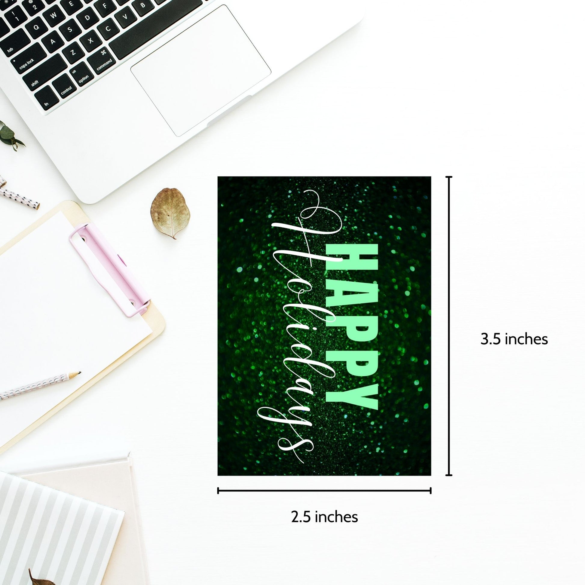 Green-themed ready-to-print Holiday gift tags featuring a glittery green background with elegant "Happy Holidays" text, 2.5 x 3.5 inches, 8 per 8.5 x 11-inch sheet.