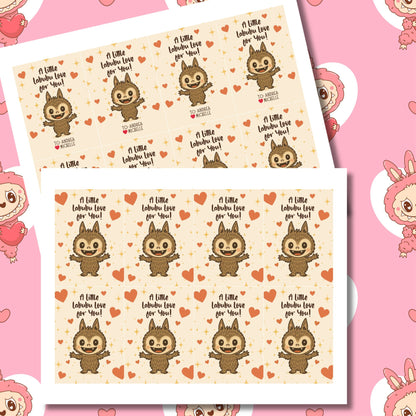 Two sheets of stickers with cartoon character and text on a pink background with cartoon characters.