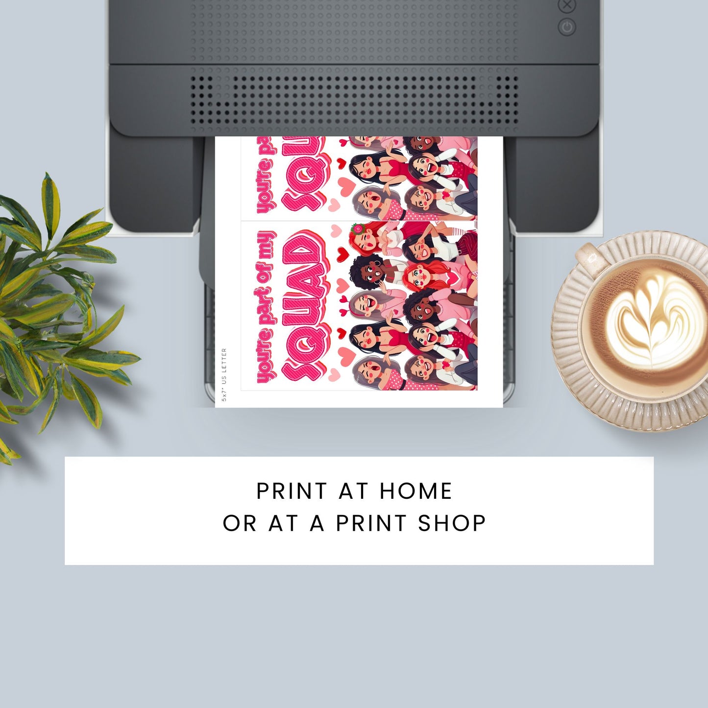 A stylish printable Galentine’s Day greeting card with a trendy "You’re Part of My Squad" message, designed for best friends, featuring a 5x7-inch design for instant download and printing.