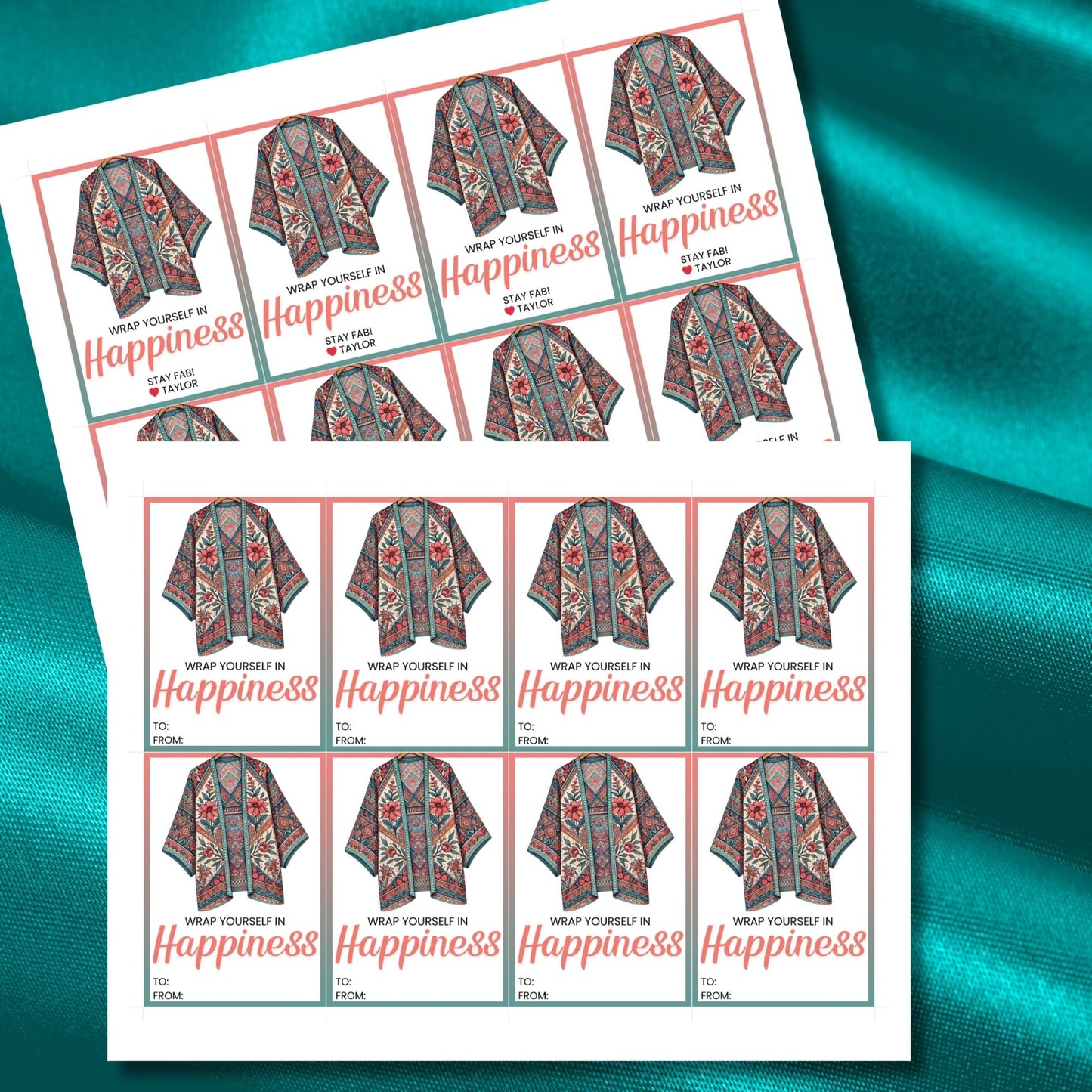 Printable kimono gift tags featuring a colorful kimono design with the text "Wrap Yourself in Happiness" and customizable space for names, perfect for adding a personal touch to any gift.