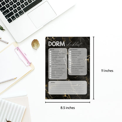 Printable Dorm Checklist with a stylish black marble design, listing all essential items for college students.