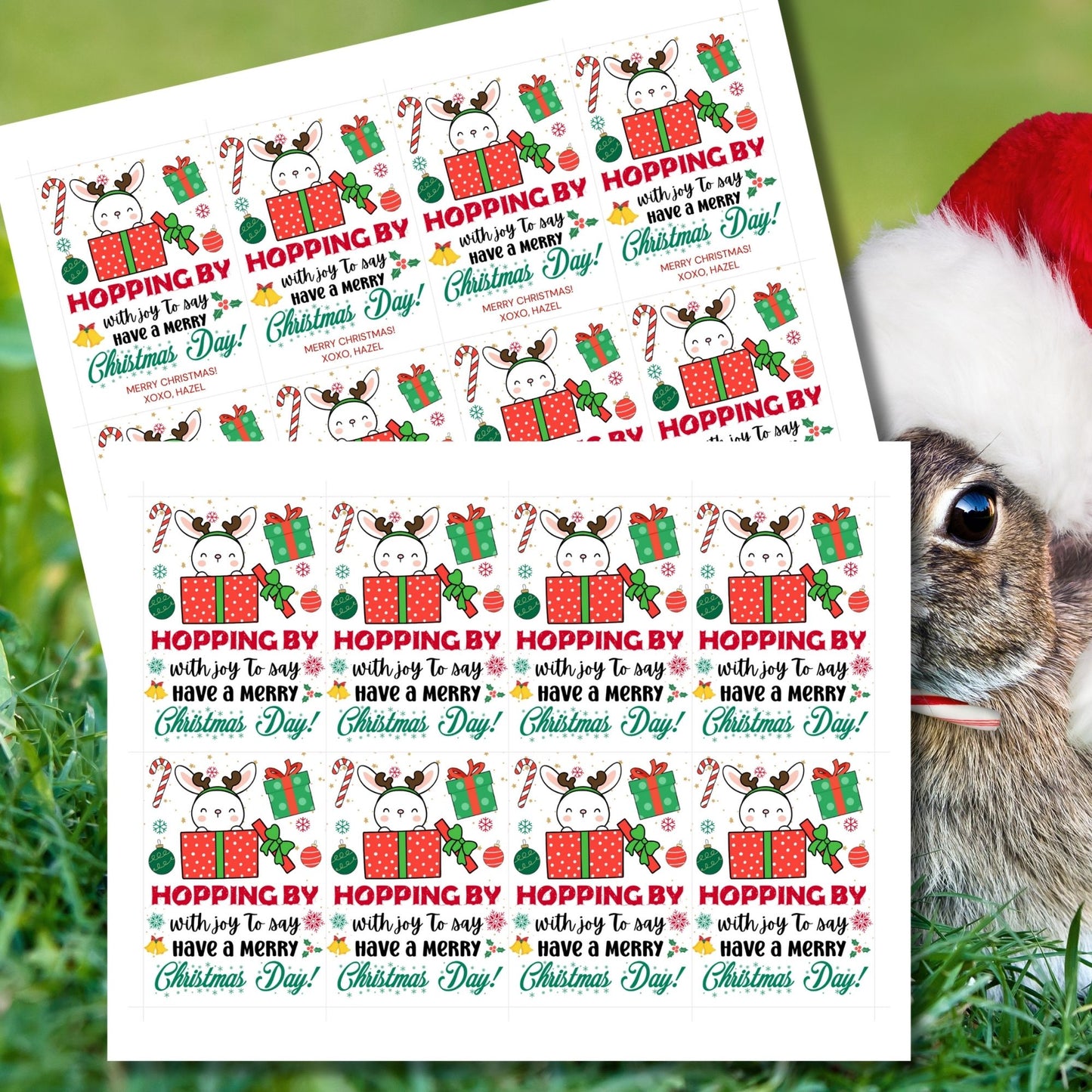 Christmas gift tags featuring a cute bunny peeking out of a red gift box with festive elements like candy canes, ornaments, and presents. The tag reads 'Hopping By with Joy to Say Have a Merry Christmas Day!'