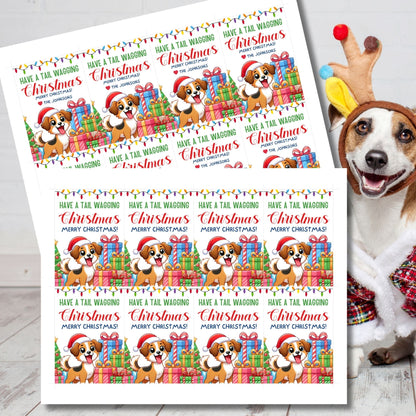 Christmas gift tags featuring a happy dog wearing a Santa hat with festive presents and colorful lights, paired with the message "Have a Tail Wagging Christmas." These printable and editable tags add a playful touch to holiday gifts for dog lovers.