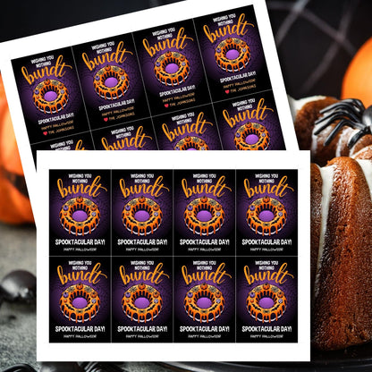 Halloween gift tag featuring a bundt cake decorated with pumpkins and spiderwebs, with the message 'Wishing You Nothing Bundt a Spooktacular Day!'