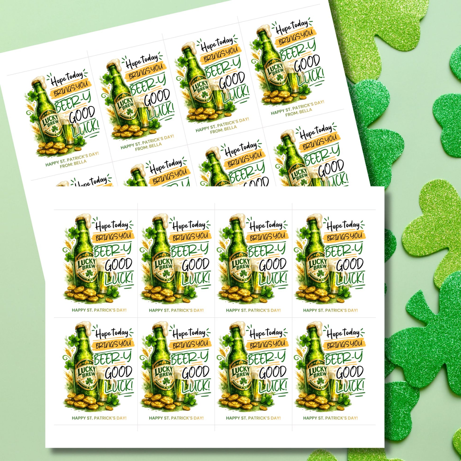 St. Patrick’s Day printable gift tag featuring a green beer-inspired drink with the phrase “Hope Today Brings You Beery Good Luck.” The festive design includes shamrocks and lucky elements. Tags are sized 2.5 x 3.5 inches, arranged 8 per 8.5 x 11 printable sheet, and available as a printable PDF and editable Canva template.