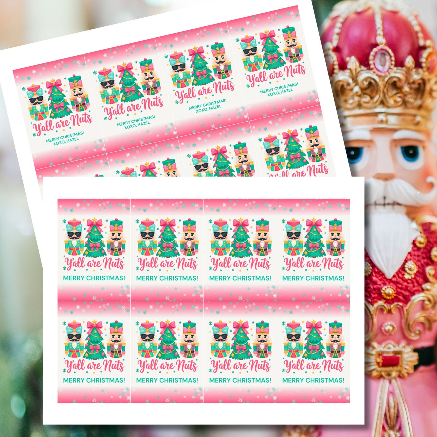 Printable and editable Christmas gift tags with the phrase “Y’all Are Nuts,” sized 2.5 x 3.5 inches, laid out 8 per sheet on 8.5 x 11. Perfect for holiday treat bags and nut-themed gifts.