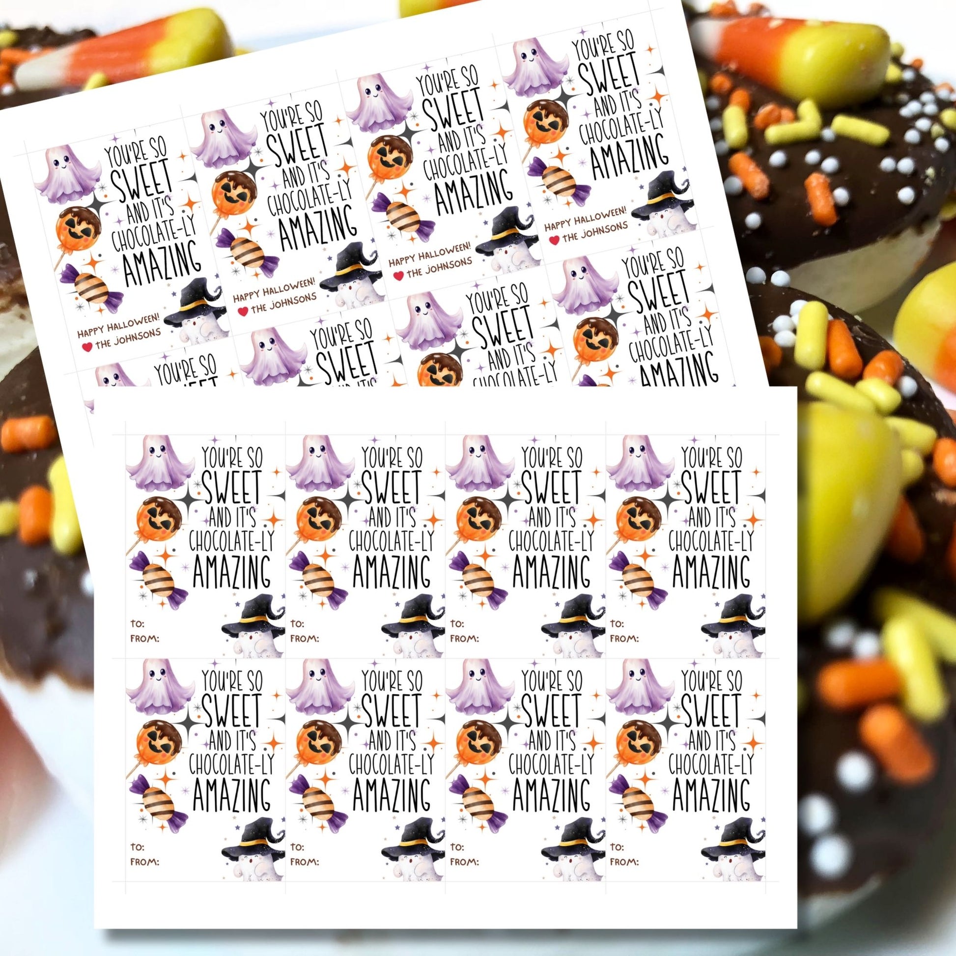 Halloween-themed printable gift tags with the message "You're So Sweet and It's Chocolate-ly Amazing" featuring cute ghosts, witches' hats, and chocolate candies. Tags are 2.5 x 3.5 inches, laid out 8 per sheet on a standard 8.5 x 11-inch page. Includes a printable PDF and a PDF with a link to an editable Canva template.