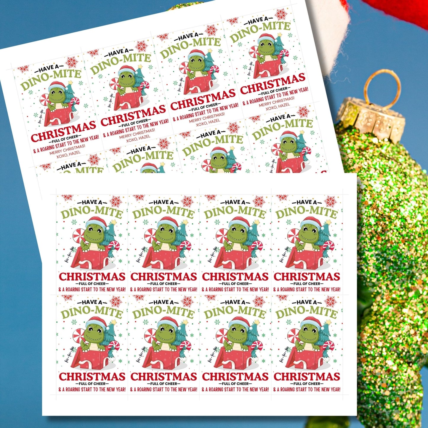 Adorable dinosaur-themed Christmas gift tags featuring a festive green dino in a Santa hat and the message 'Have a Dino-Mite Christmas full of cheer & a roaring start to the New Year!' Perfect for adding a playful touch to holiday gifts.