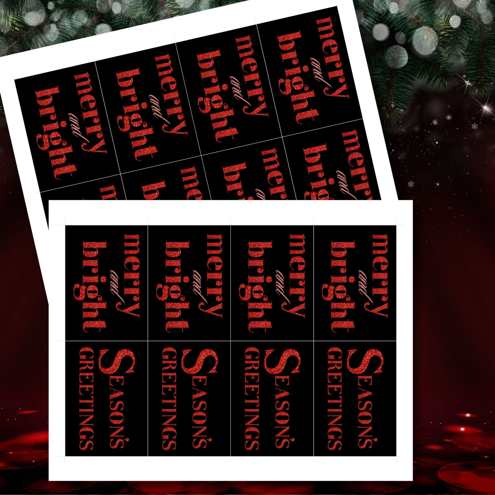 A set of ready-to-print Christmas gift tags featuring striking red glitter text on a black background with festive messages like "Merry and Bright" and "Season's Greetings." Each tag is sized at 2.5 x 3.5 inches, perfect for bold and festive holiday gifting.