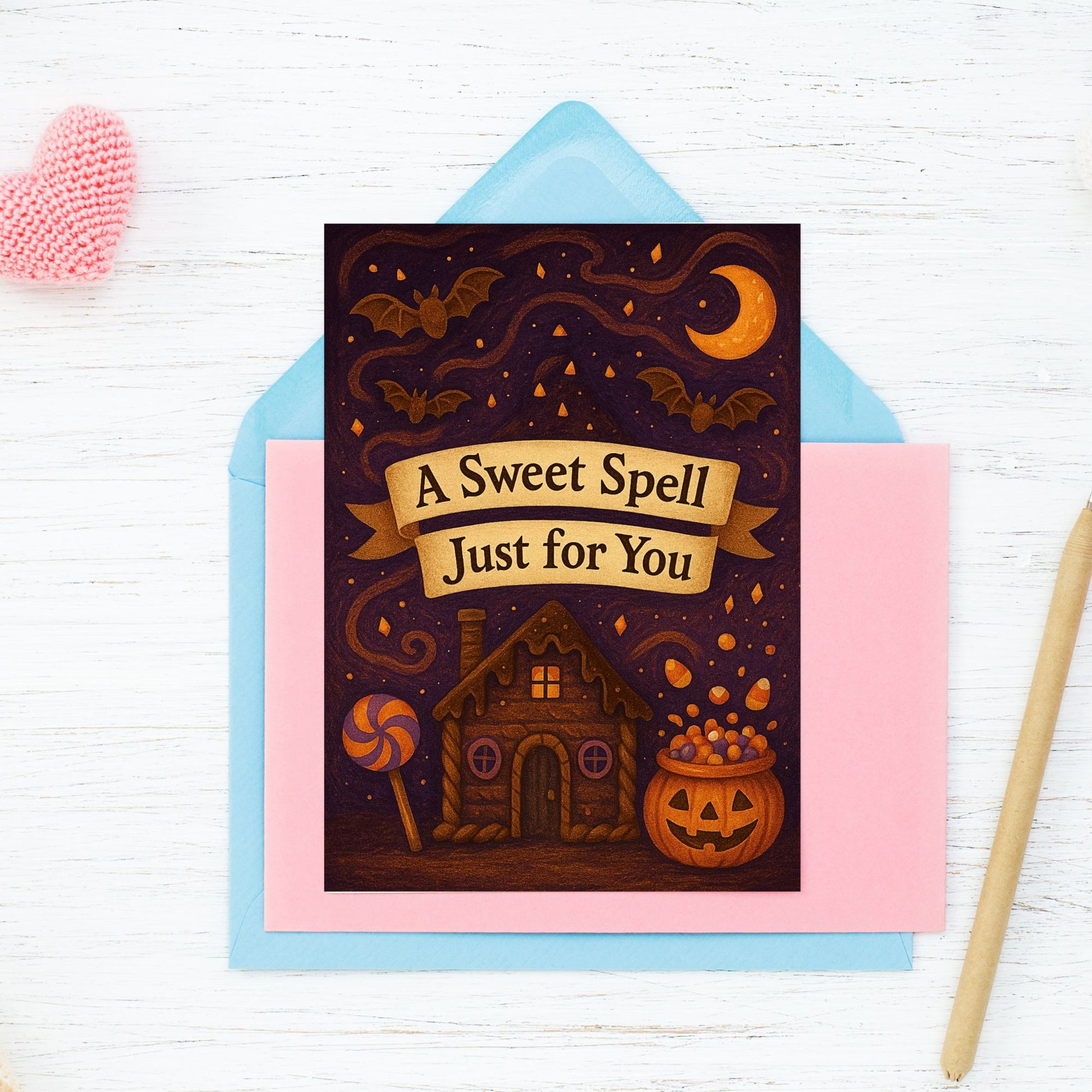 Halloween-themed card with a house, pumpkins, and bats on a white background