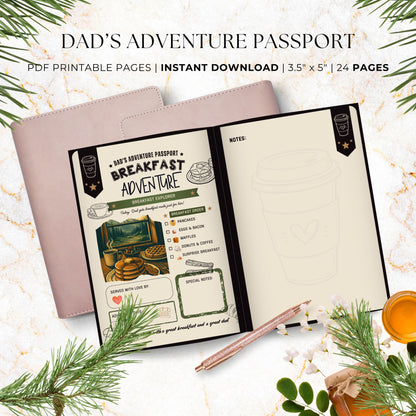 Dad's Adventure Passport printable Father's Day gift featuring 24 pages of family adventures, memory prompts, completion certificate, and printable booklet format for dads and kids.