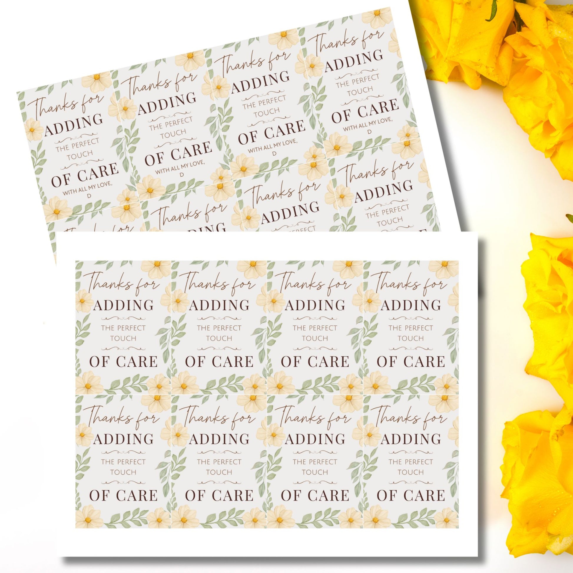 Two sheets of decorative stickers with floral designs and text on a white background.