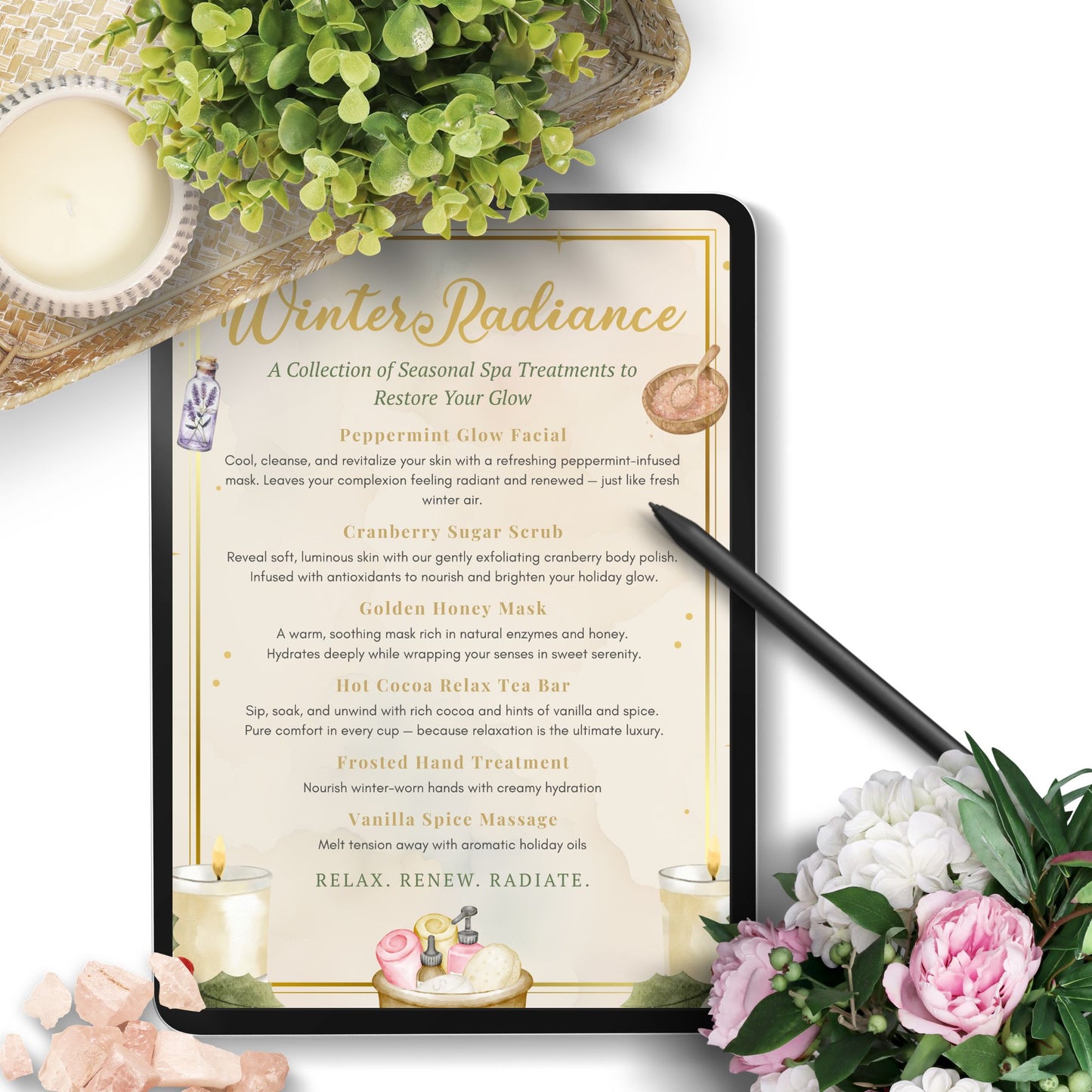 iPad displaying a spa treatment menu titled 'Winter Radiance' with flowers and a candle on a white surface.