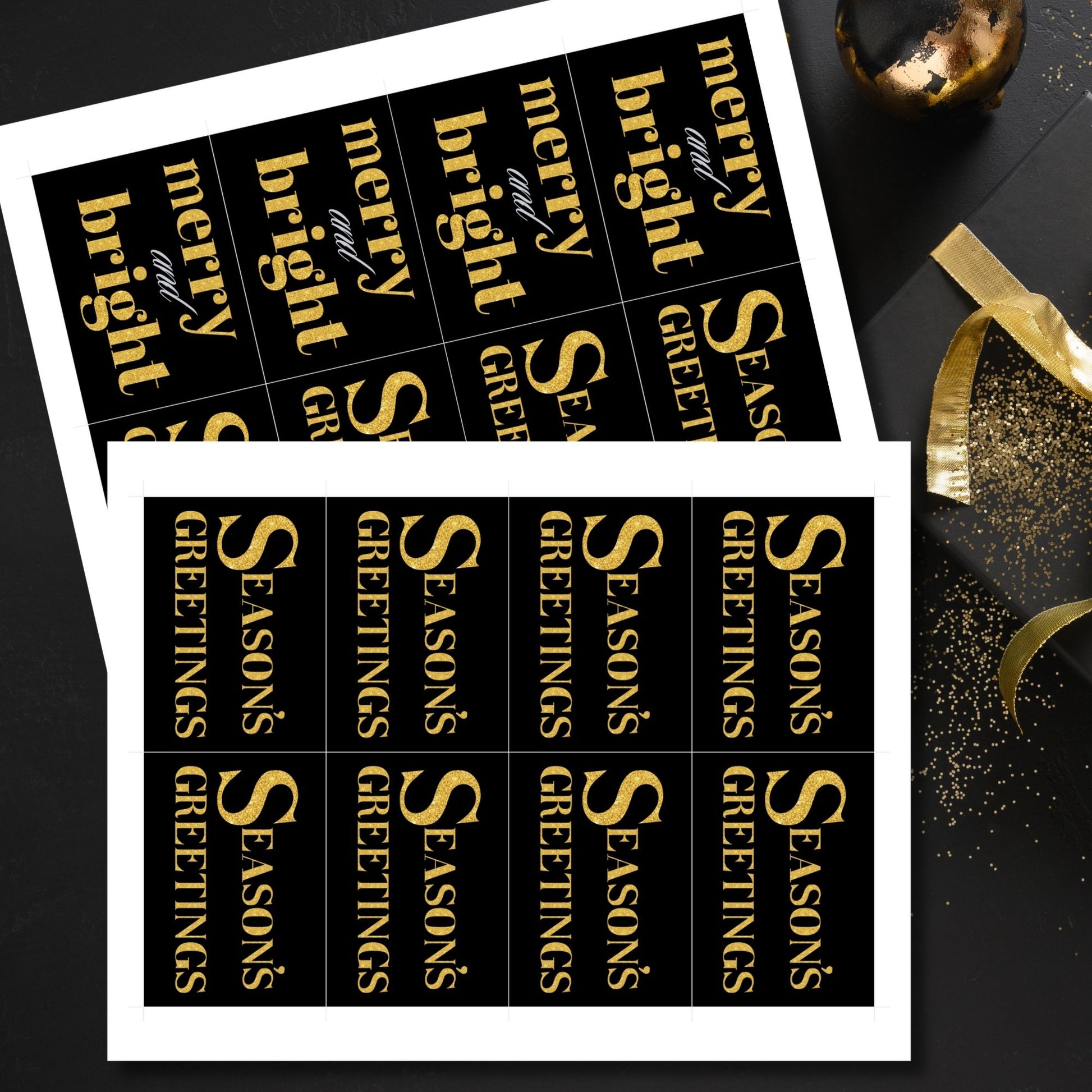 A set of printable black and gold Christmas gift tags featuring luxurious designs with festive messages like "Merry and Bright" and "Season's Greetings." Each tag measures 2.5 x 3.5 inches and is laid out on an 8.5 x 11-inch sheet.