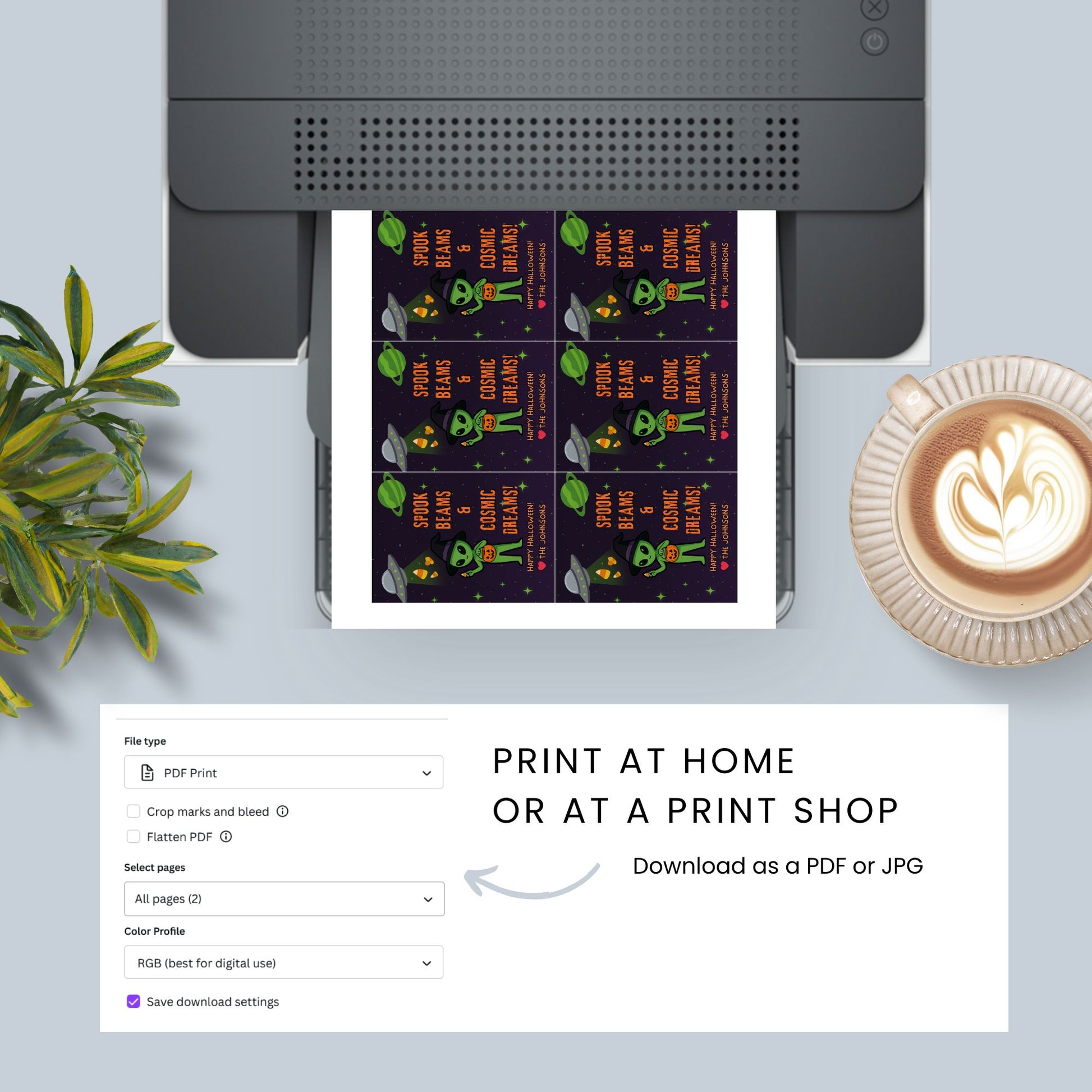 Printer printing a document with a coffee cup and plant on a light gray surface
