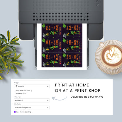 Printer printing a document with a coffee cup and plant on a light gray surface