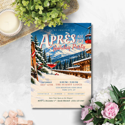 A winter-themed holiday party invitation card styled in a flat-lay arrangement on a light gray textured surface, surrounded by a green plant, a candle, and pink flowers. The card features an illustration of a ski resort with a cable car, snowy mountains, a lodge, and a cocktail glass.