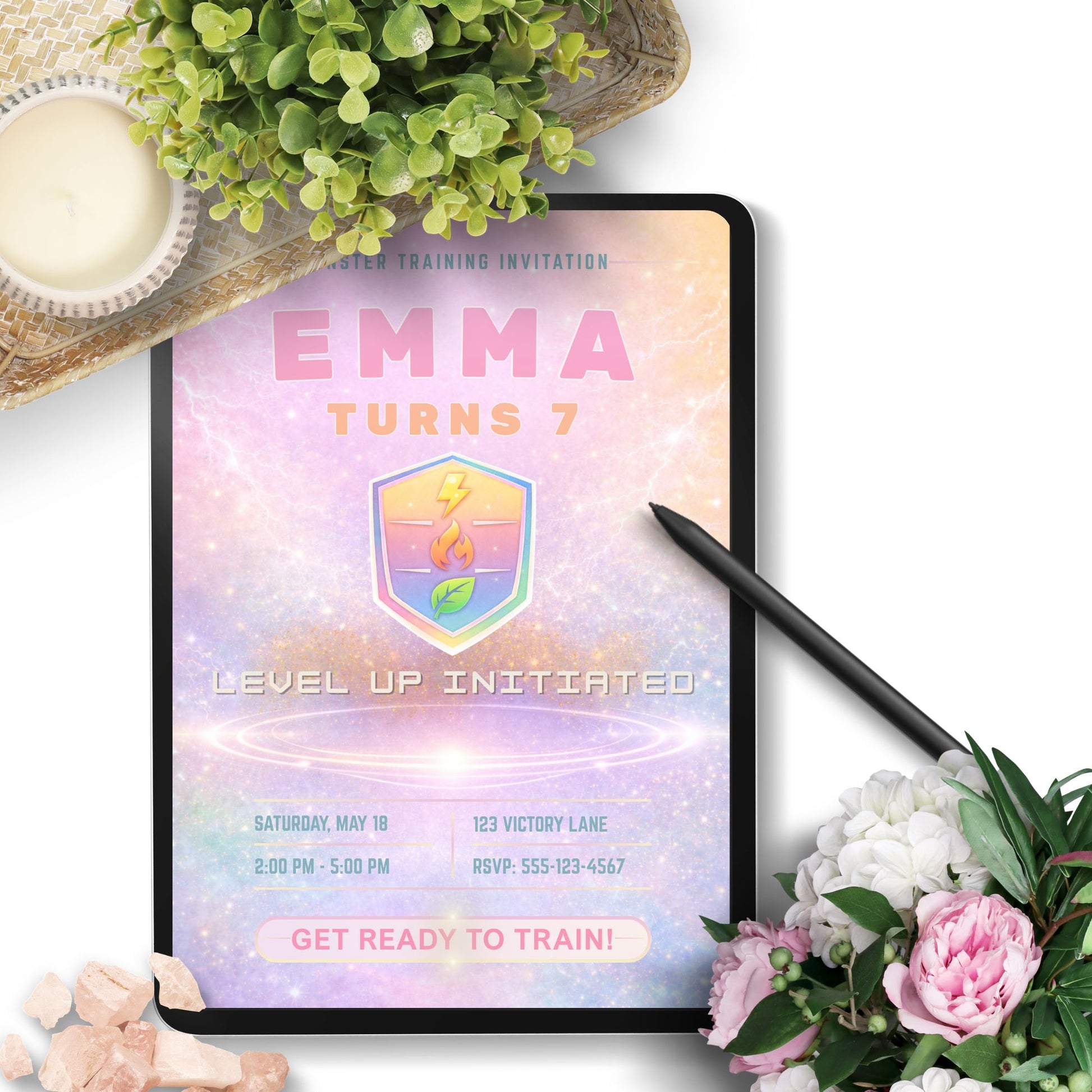 Editable pastel rainbow monster trainer inspired birthday invitation with soft glowing arena, cute badge design, and customizable party details in Canva