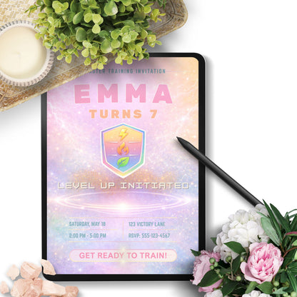 Editable pastel rainbow monster trainer inspired birthday invitation with soft glowing arena, cute badge design, and customizable party details in Canva