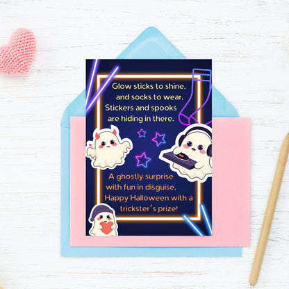 Halloween-themed card with ghost illustrations and text on a white background