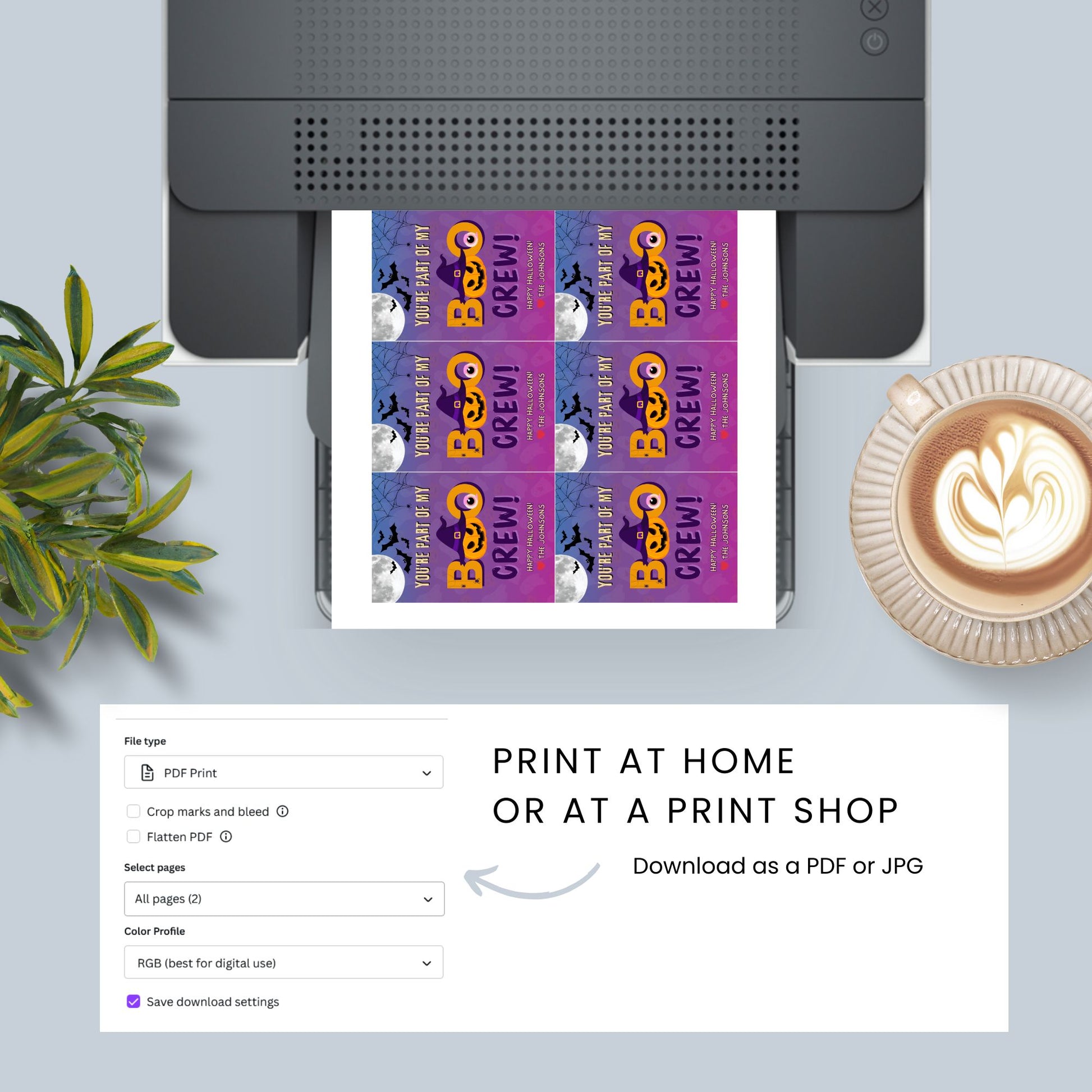 Printer printing a document with 'Bao Bao Cream' packaging, accompanied by a cup of coffee and plant on a light gray background.