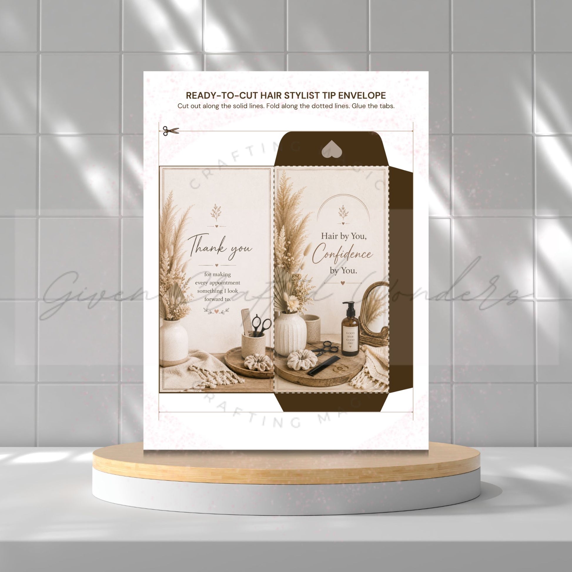 A printable hair stylist tip envelope template displayed on a white card with a brown envelope design, set on a round wooden pedestal against a gray tiled wall.