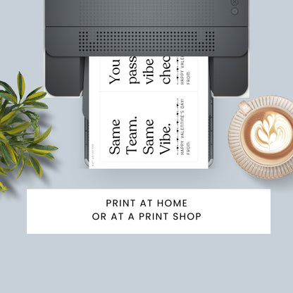 Minimalist black and white printable Valentine card for work besties featuring clean typography and office-friendly appreciation message.