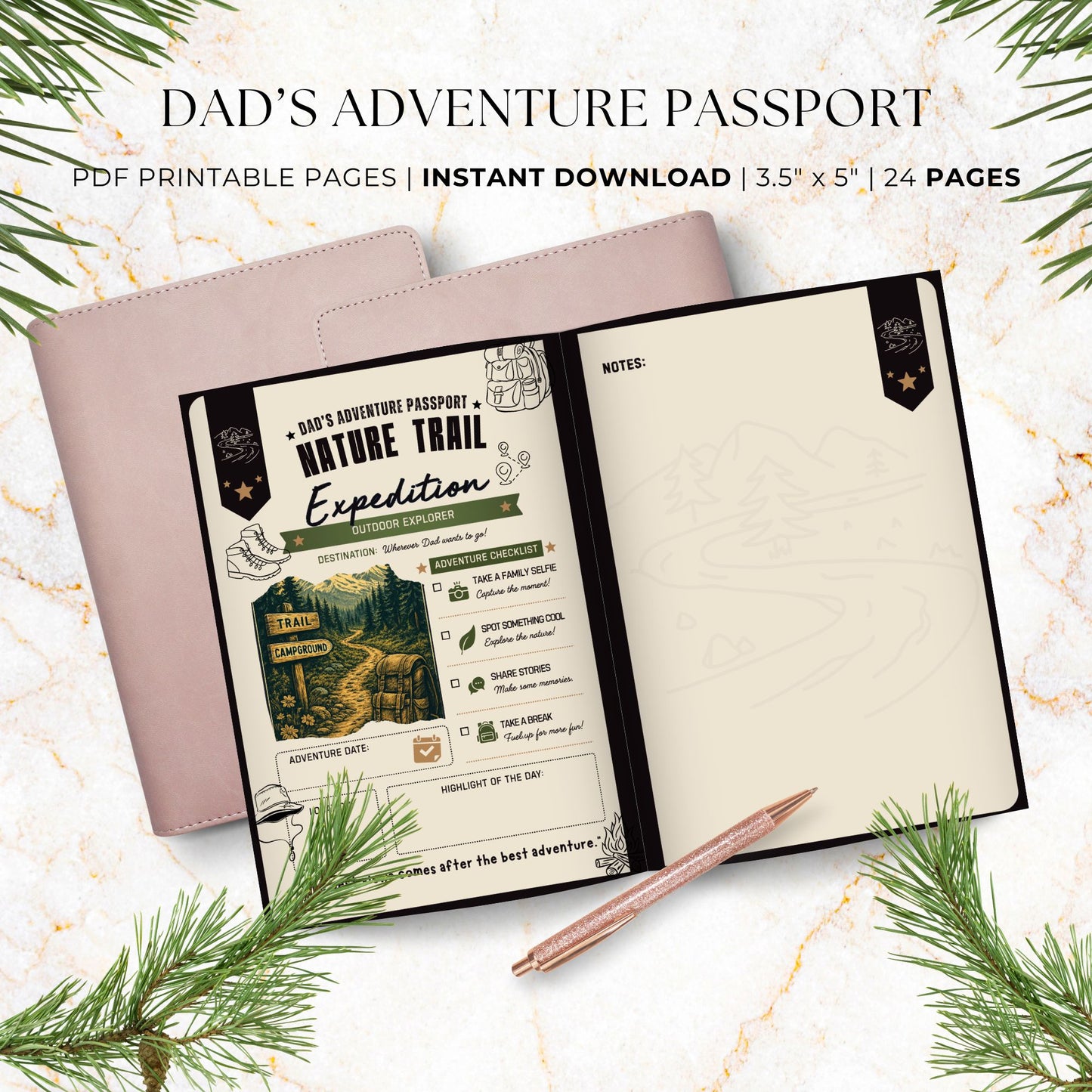Dad's Adventure Passport printable Father's Day gift featuring 24 pages of family adventures, memory prompts, completion certificate, and printable booklet format for dads and kids.