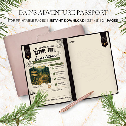 Dad's Adventure Passport printable Father's Day gift featuring 24 pages of family adventures, memory prompts, completion certificate, and printable booklet format for dads and kids.