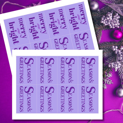 A set of ready-to-print Christmas gift tags featuring bold purple glitter text on a soft lavender background with festive messages like "Merry and Bright" and "Season's Greetings." Each tag measures 2.5 x 3.5 inches, perfect for elegant and vibrant holiday gifting.