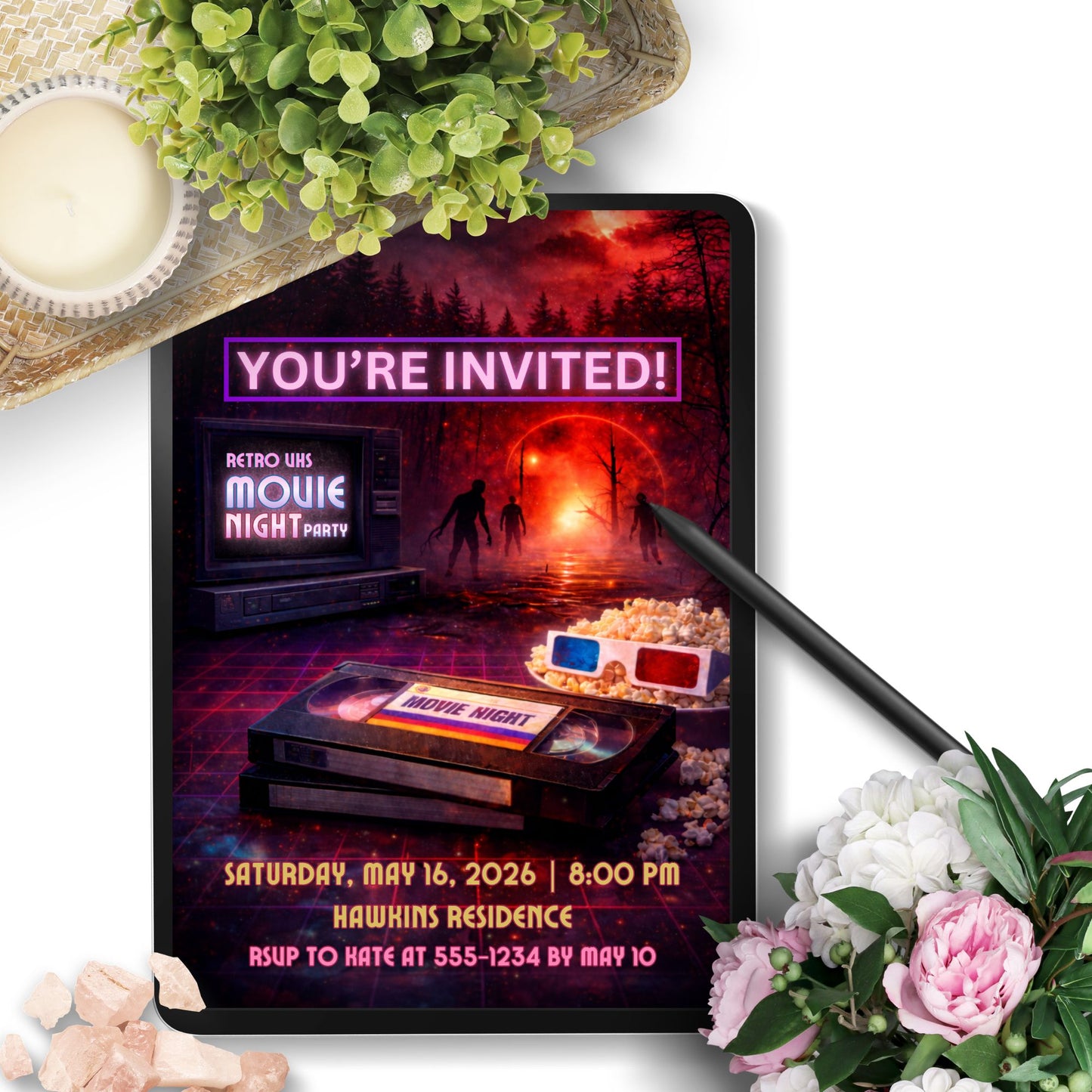 Editable retro sci-fi movie night invitation featuring neon glow, VHS-style elements, and cinematic 1980s nostalgia, designed as a 5x7 Canva-editable digital party invite for birthdays and movie nights.