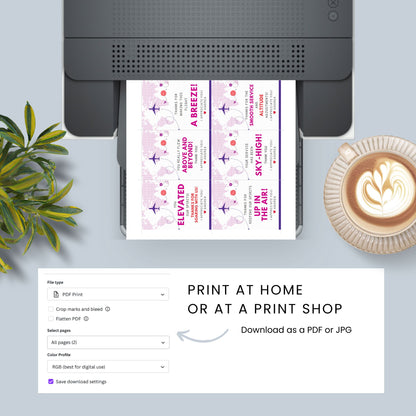 Printable tropical aviation thank you gift tags with airplane illustration and island-inspired colors, designed for flight crew appreciation gifts.