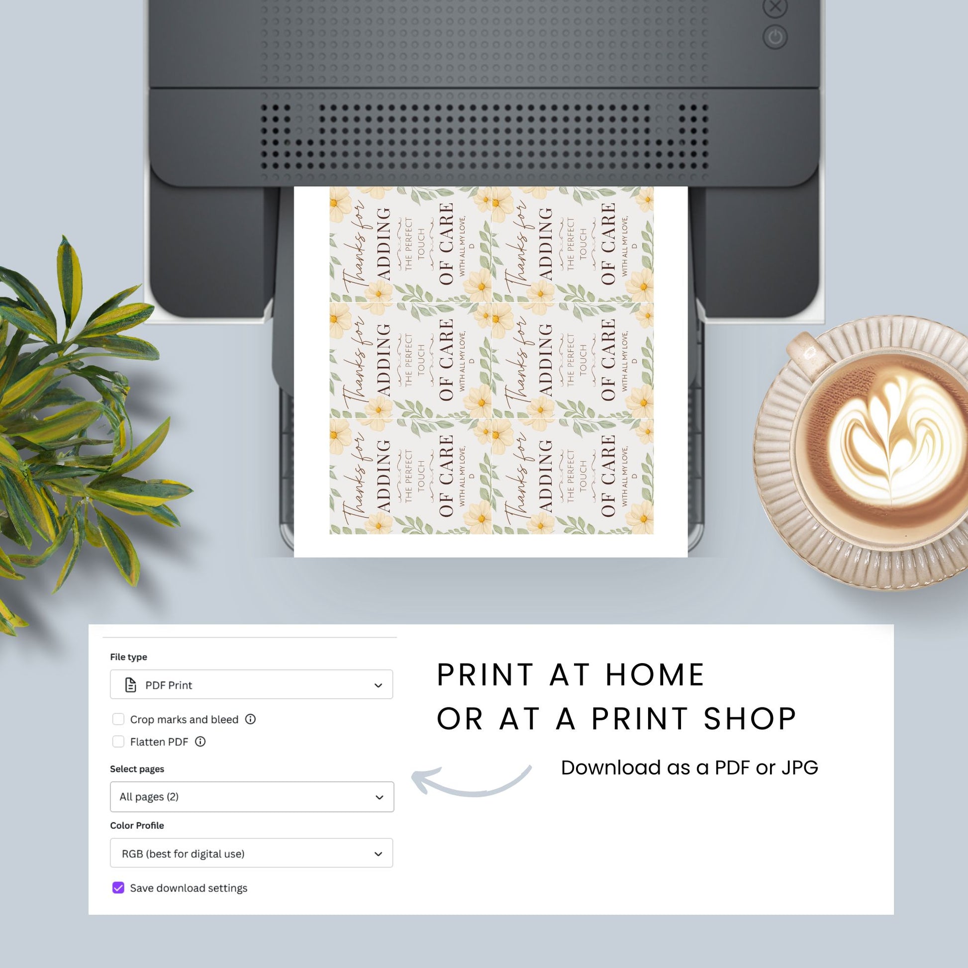 Printer with printed sheet, plant, and coffee cup on a light gray surface