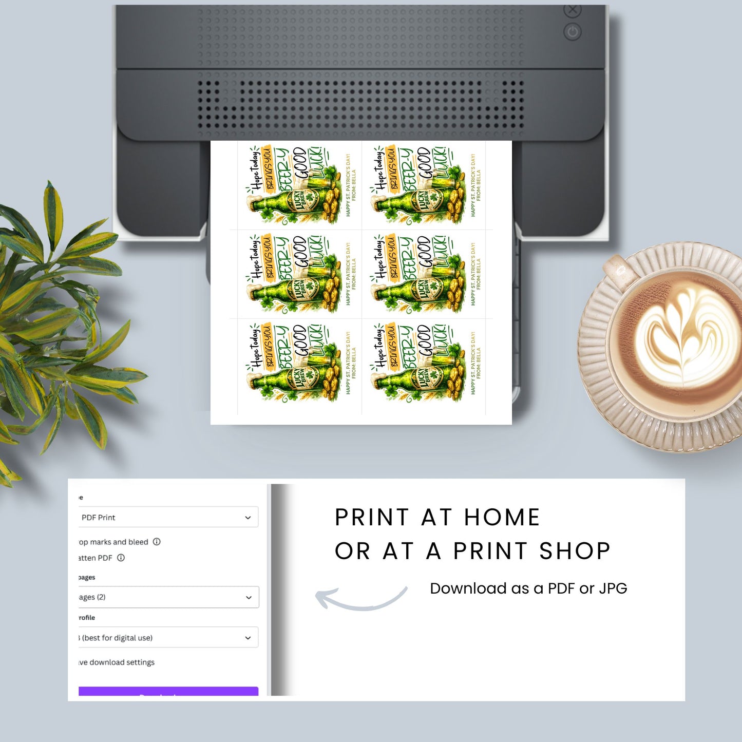 St. Patrick’s Day printable gift tag featuring a green beer-inspired drink with the phrase “Hope Today Brings You Beery Good Luck.” The festive design includes shamrocks and lucky elements. Tags are sized 2.5 x 3.5 inches, arranged 8 per 8.5 x 11 printable sheet, and available as a printable PDF and editable Canva template.