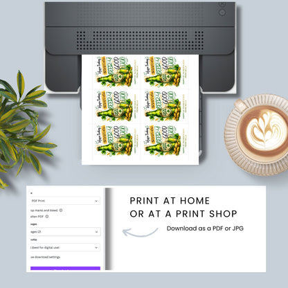 St. Patrick’s Day printable gift tag featuring a green beer-inspired drink with the phrase “Hope Today Brings You Beery Good Luck.” The festive design includes shamrocks and lucky elements. Tags are sized 2.5 x 3.5 inches, arranged 8 per 8.5 x 11 printable sheet, and available as a printable PDF and editable Canva template.