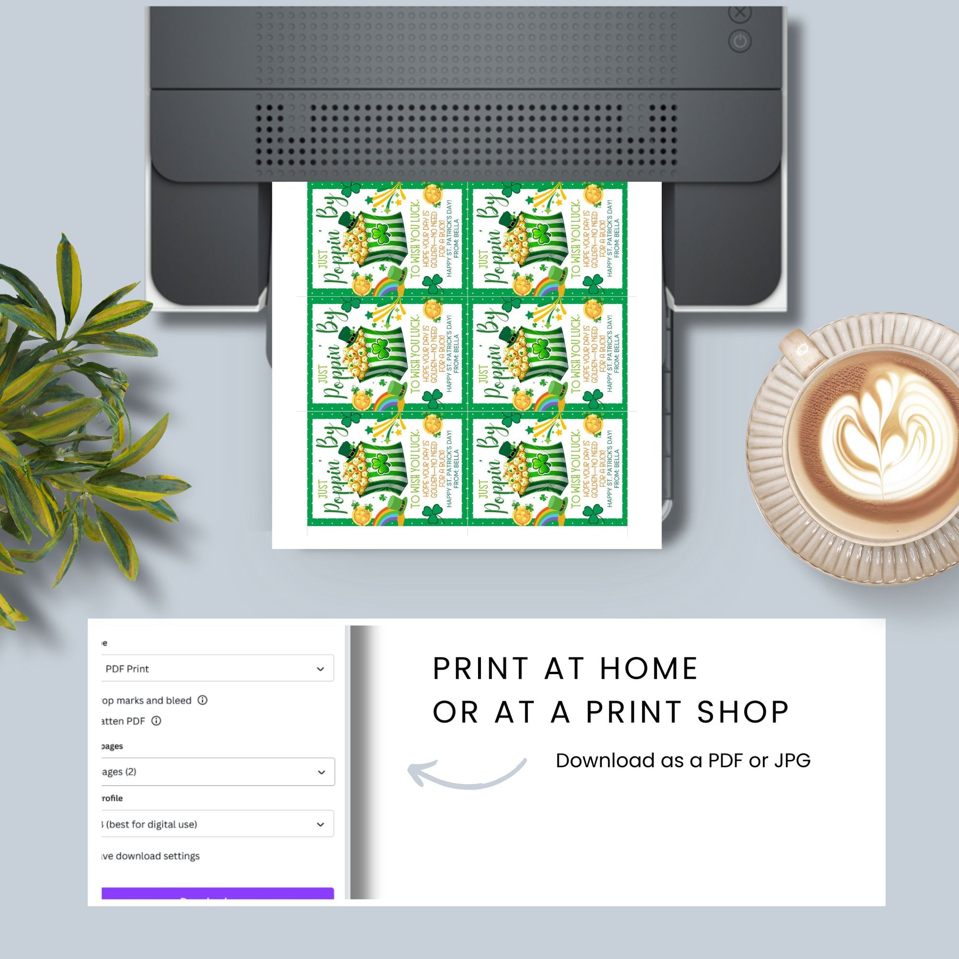A fun and punny St. Patrick’s Day printable gift tag featuring a striped popcorn bucket decorated with shamrocks, gold coins, and a leprechaun hat. The tag reads "Just Poppin’ By to Wish You Luck! Hope Your Day is Golden—No Need for a Buck!" The tags are 2.5 x 3.5 inches, laid out on an 8.5 x 11-inch sheet, 8 per page. Available as a printable PDF and an editable Canva template for personalization.