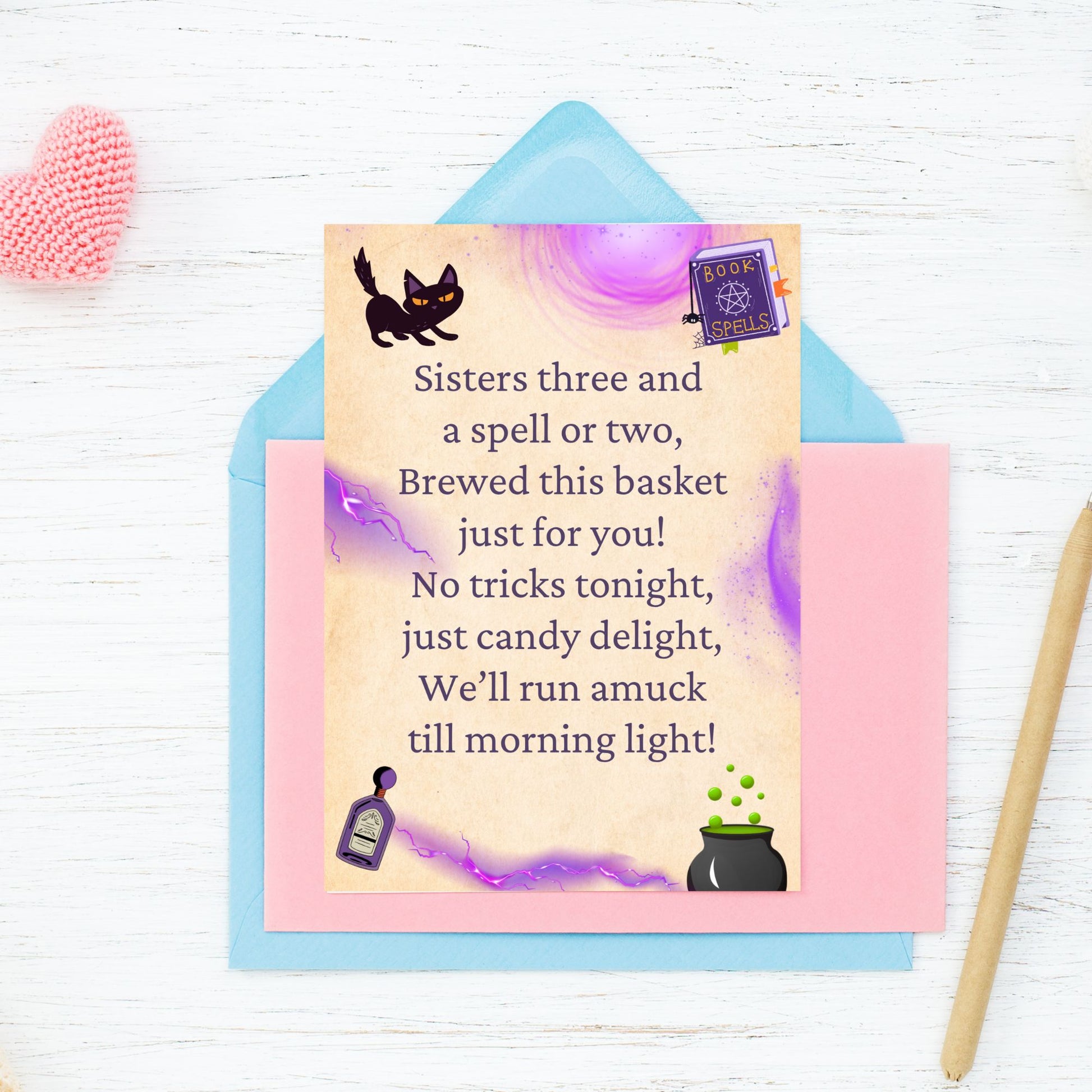 Halloween-themed card with a black cat, potion bottles, and candy text on a colorful background.