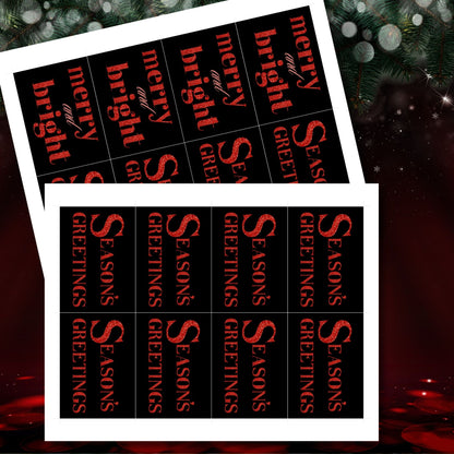 A set of ready-to-print Christmas gift tags featuring striking red glitter text on a black background with festive messages like "Merry and Bright" and "Season's Greetings." Each tag is sized at 2.5 x 3.5 inches, perfect for bold and festive holiday gifting.