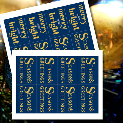 A set of ready-to-print Christmas gift tags featuring shimmering gold glitter text on a royal blue background with festive messages like "Merry and Bright" and "Season's Greetings." Each tag is sized at 2.5 x 3.5 inches, ideal for adding a luxurious touch to holiday gifting.