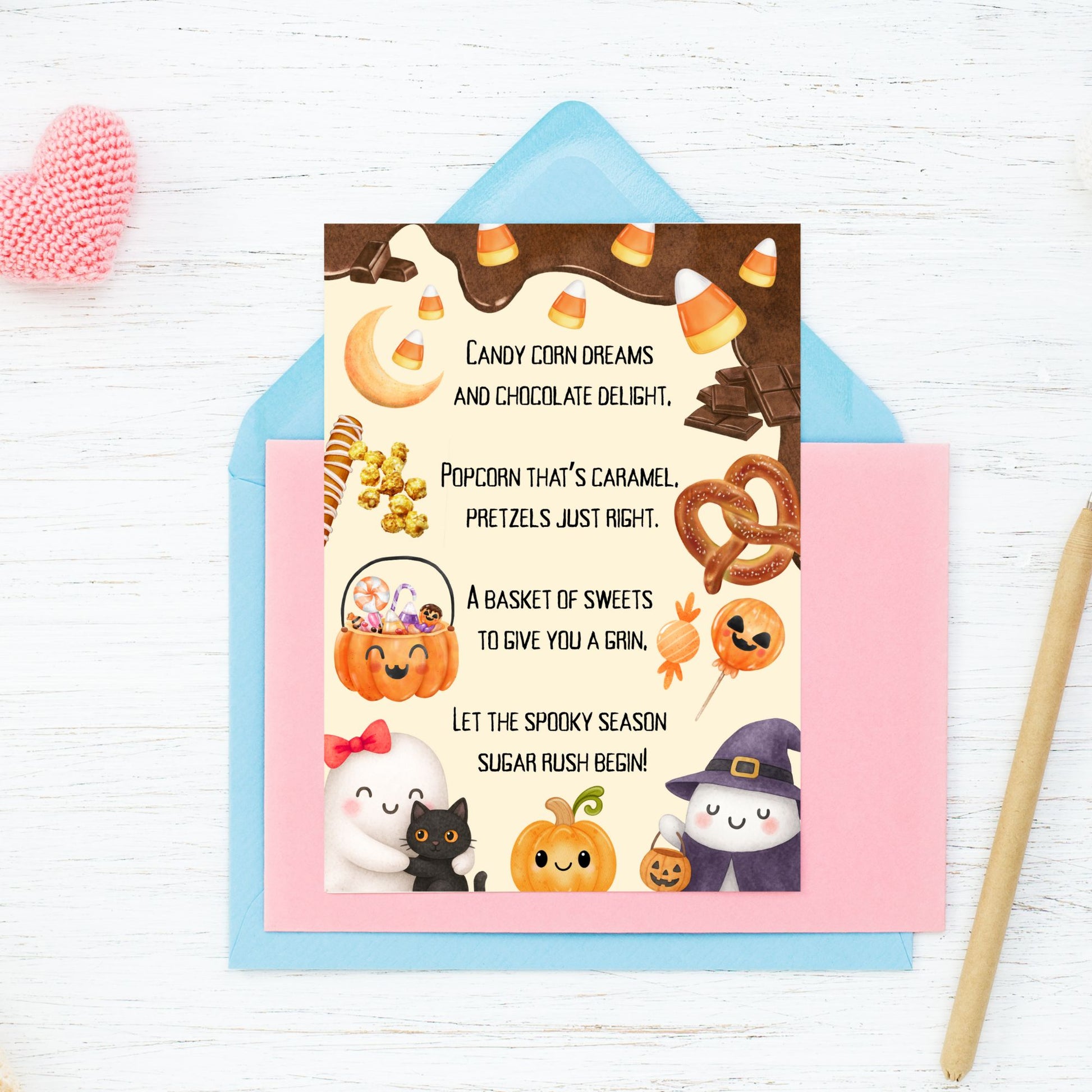Halloween-themed card with candy-themed illustrations on a white background