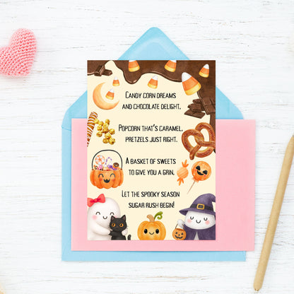 Halloween-themed card with candy-themed illustrations on a white background