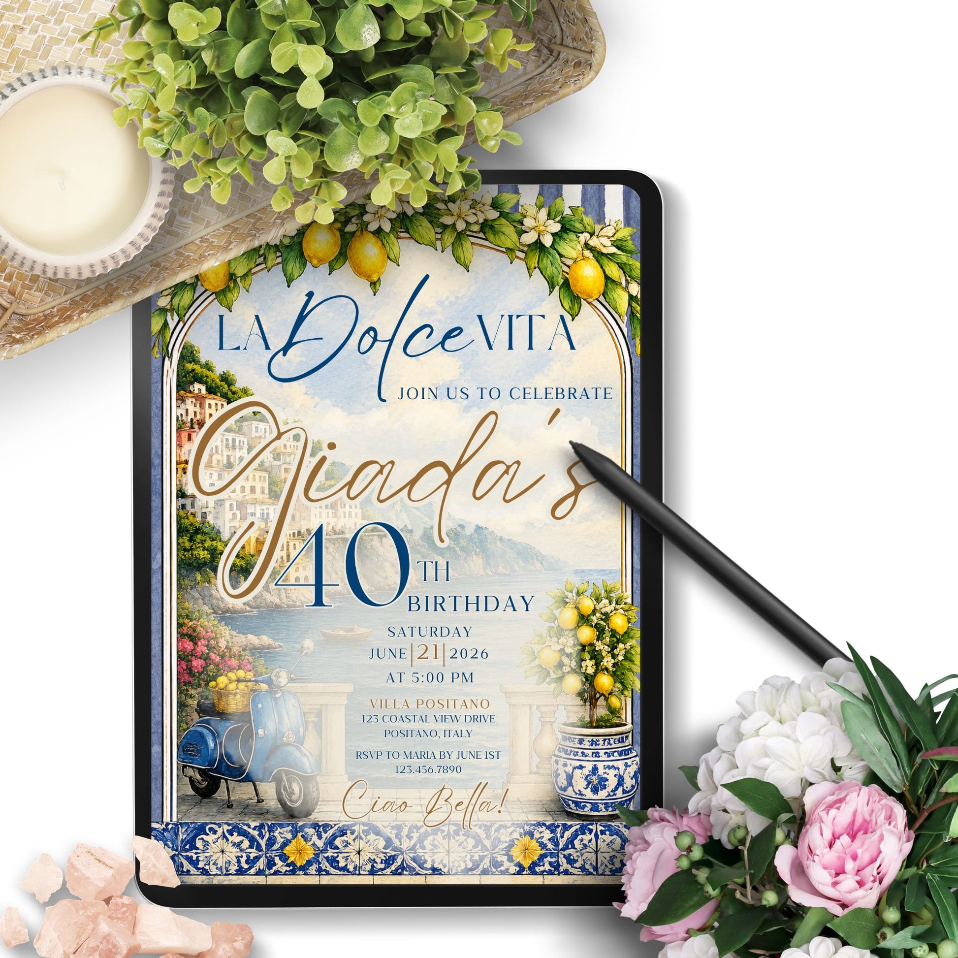 Editable La Dolce Vita party invitation template featuring Amalfi Coast scenery, lemons, blue Italian tiles, Positano coastal artwork, vintage scooter, and elegant Mediterranean typography in blue and gold.