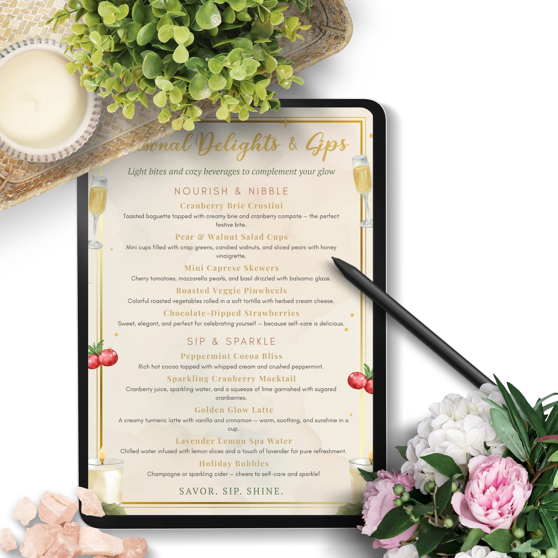 Elegant editable spa food and drink menu template – “Seasonal Delights & Sips” featuring holiday-inspired refreshments and cozy spa treats, designed to match the Glow into the Holidays collection by Given Crafted Wonders.