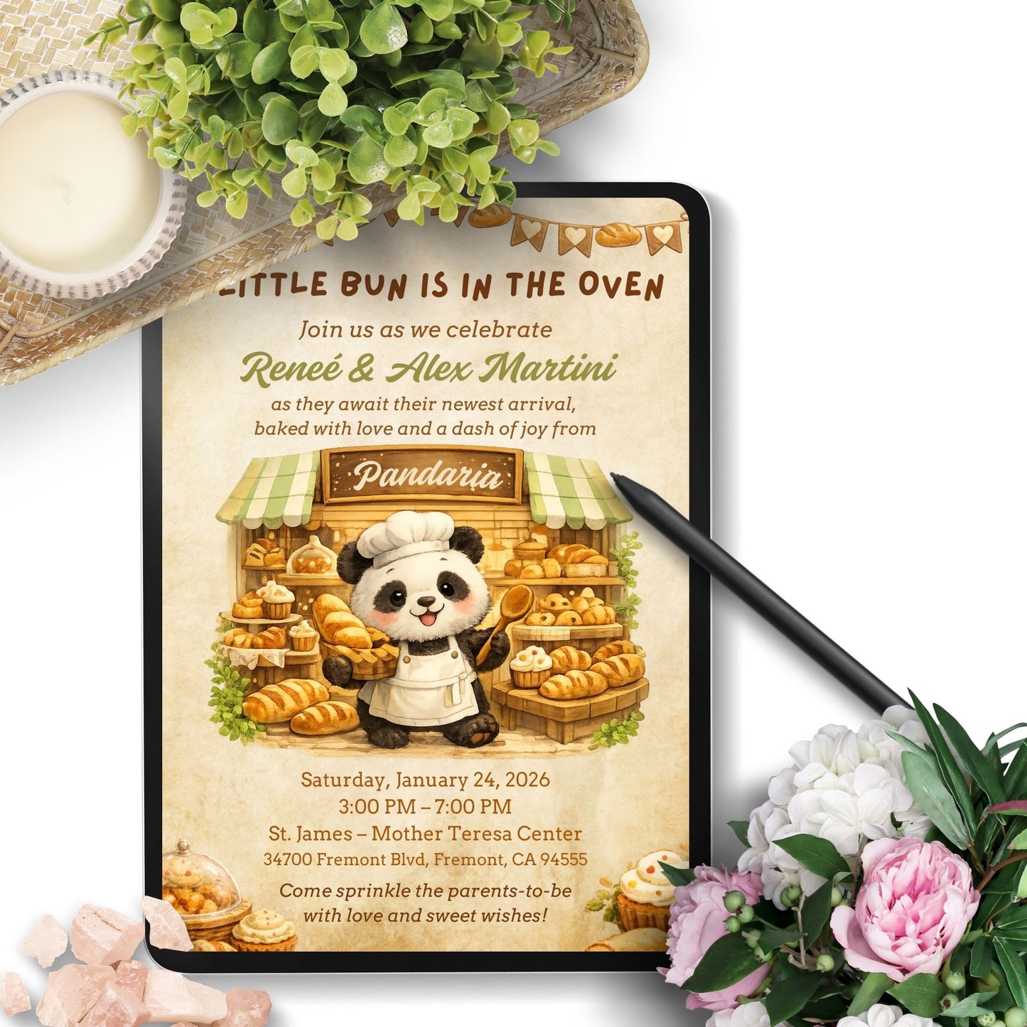 Editable Pandaria panda bakery themed invitation featuring a cute panda baker surrounded by artisan bread and warm bakery details. Whimsical 5x7 Canva invitation perfect for baby showers, birthdays, and bakery-themed celebrations.
