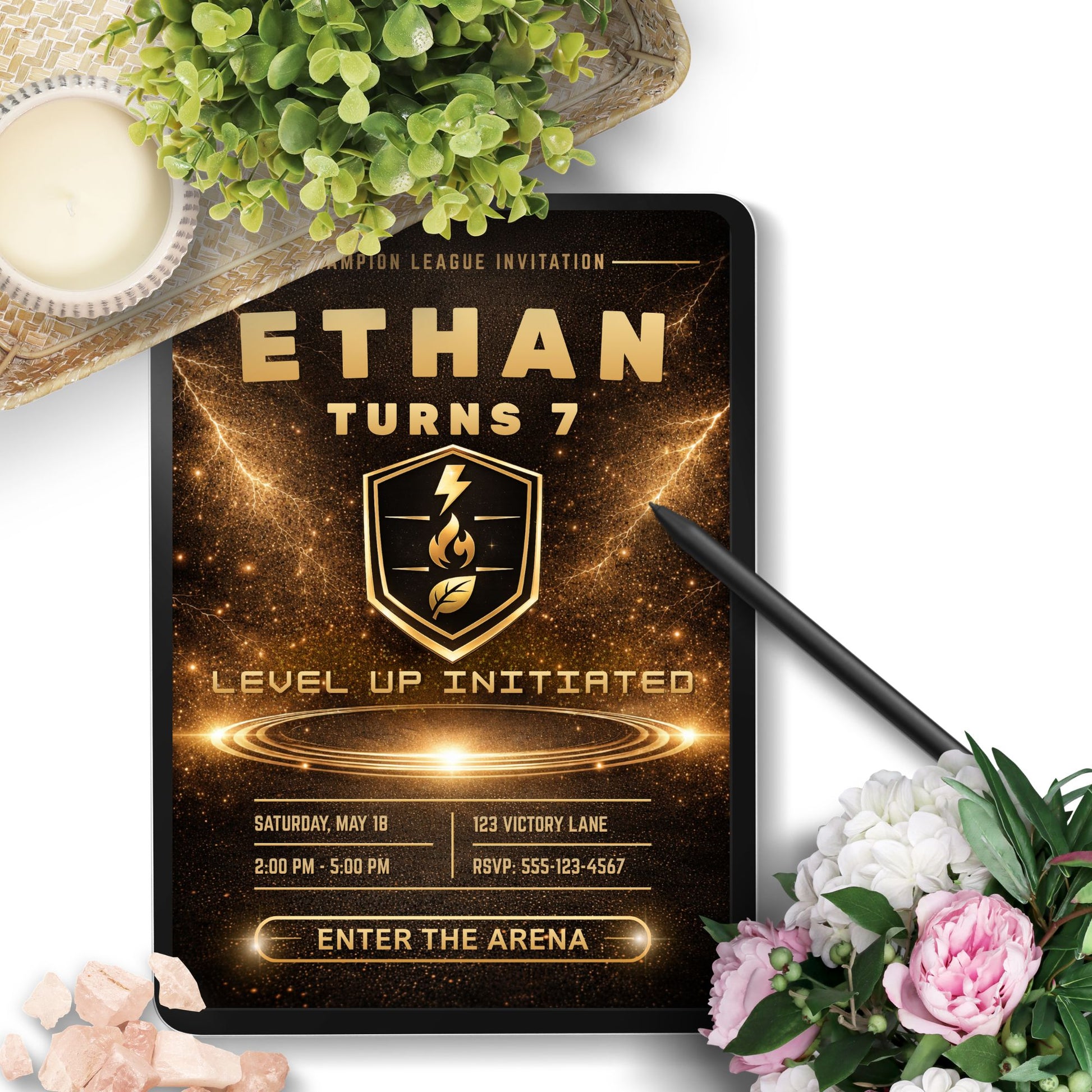 Editable luxury black and gold monster trainer inspired birthday invitation with glowing arena, elite badge, and customizable party details in Canva